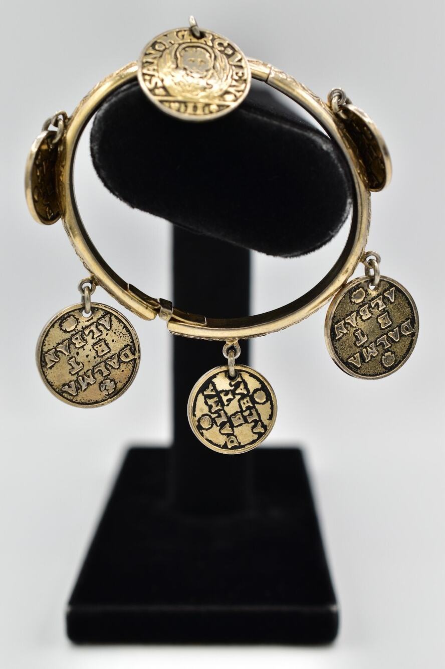 Whiting & Davis Vintage Coin Charm Bangle Bracelet Heavy Chunky Signed 70s BinAW